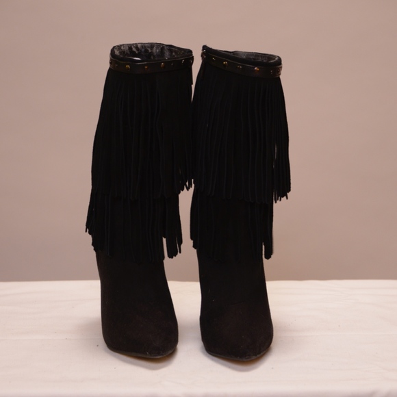 Black faux suede fringe booties. Worn once. - Picture 3 of 4